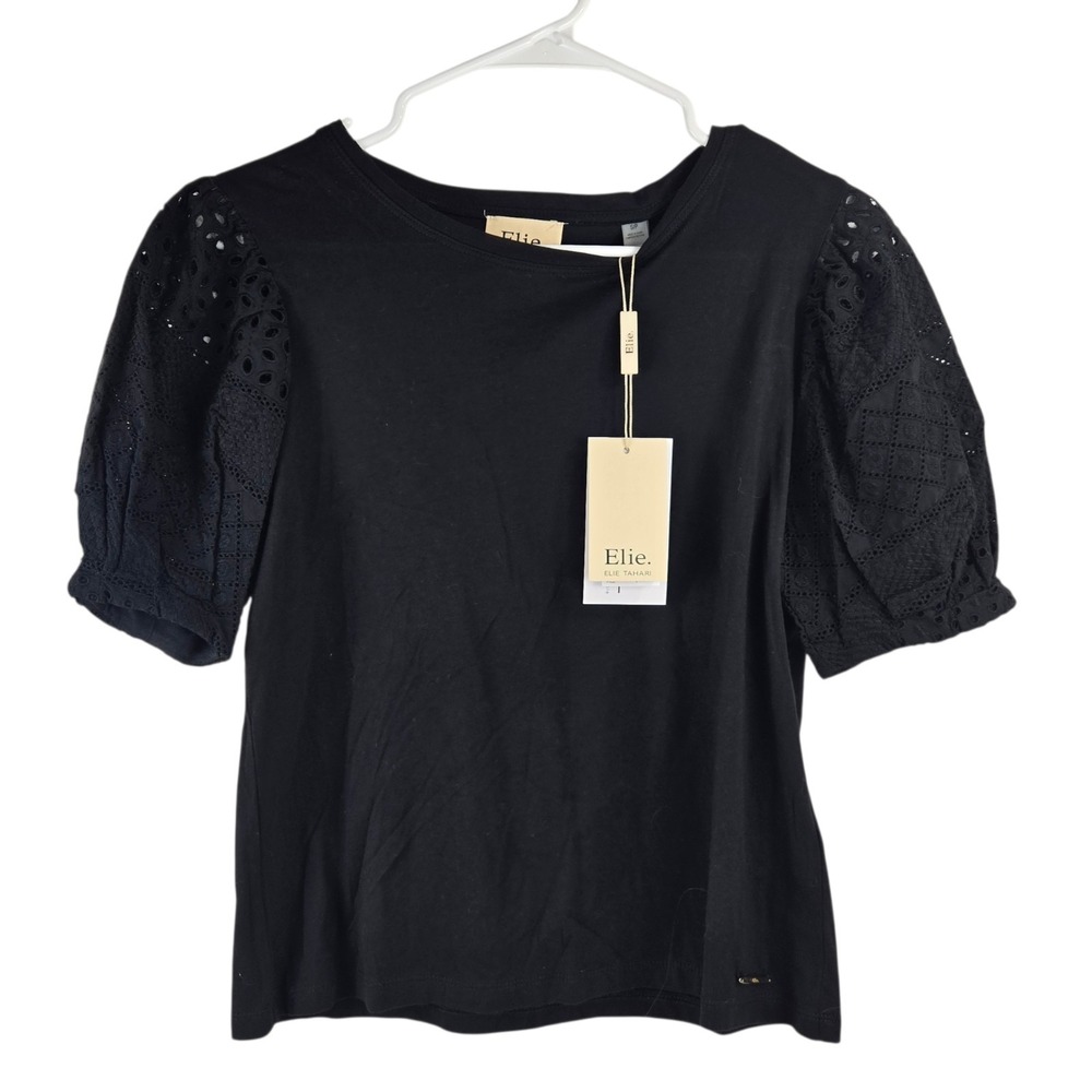 Elie Tahari Eyelet Puff Short Sleeve Top Black Tee Romantic Designer Size S NWT
